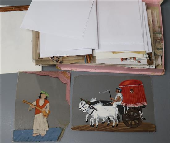 An extensive collection of 19th century Indian gouache on mica pictures, largest 5 x 7in. approx., unframed